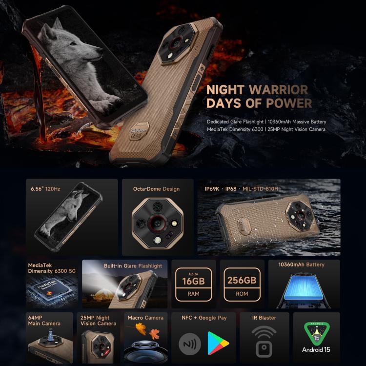 Ulefone Armor X16 Pro, 5GB+256GB, Night Vision, IP68/IP69K Rugged Phone, 6.56 inch Android 15 MediaTek Dimensity 6300 Octa Core, Network: 5G, NFC, OTG
