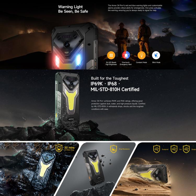 Ulefone Armor 34 Pro+ Projektor, 16 GB + 512 GB, Nachtsicht, robustes Smartphone (IP68/IP69K)