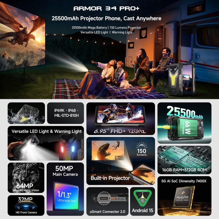 Ulefone Armor 34 Pro+ Projektor, 16 GB + 512 GB, Nachtsicht, robustes Smartphone (IP68/IP69K)