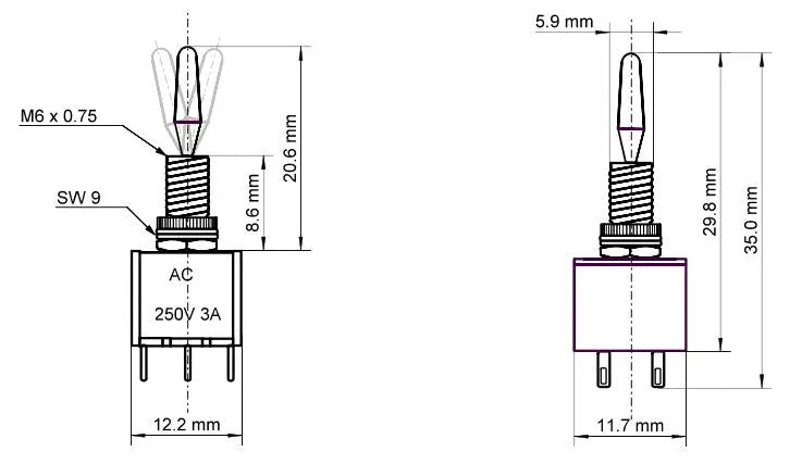 Miniatur Kippschalter 6 Pin 2x EIN-EIN – weitere Ansicht