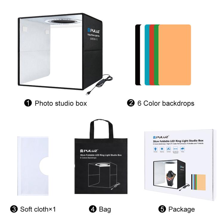 PULUZ 30 cm faltbares, hohes 97 CRI-Ringlicht, Fotobeleuchtung, Studio-Aufnahmezelt, Box-Set mit 6 Hintergrundfarben (Schwarz, Weiß, Orange, Rot, Grün, Blau), aufgeklappte Größe: 30 cm x 30 cm x 30 cm