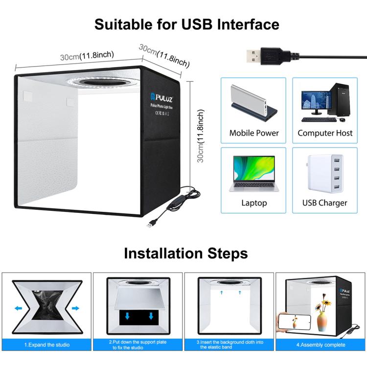 PULUZ 30 cm faltbares, hohes 97 CRI-Ringlicht, Fotobeleuchtung, Studio-Aufnahmezelt, Box-Set mit 6 Hintergrundfarben (Schwarz, Weiß, Orange, Rot, Grün, Blau), aufgeklappte Größe: 30 cm x 30 cm x 30 cm, 30cm Box Black