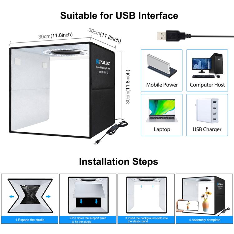 PULUZ 30 cm faltbares, hohes 97 CRI-Ringlicht, Fotobeleuchtung, Studio-Aufnahmezelt, Box-Set mit 6 Hintergrundfarben (Schwarz, Weiß, Orange, Rot, Grün, Blau), aufgeklappte Größe: 30 cm x 30 cm x 30 cm