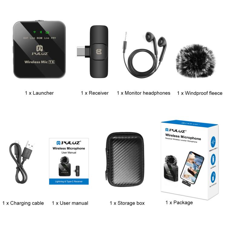 PULUZ Kabelloses Lavalier-Mikrofon für Typ-C-Telefon, Typ-C-Empfänger