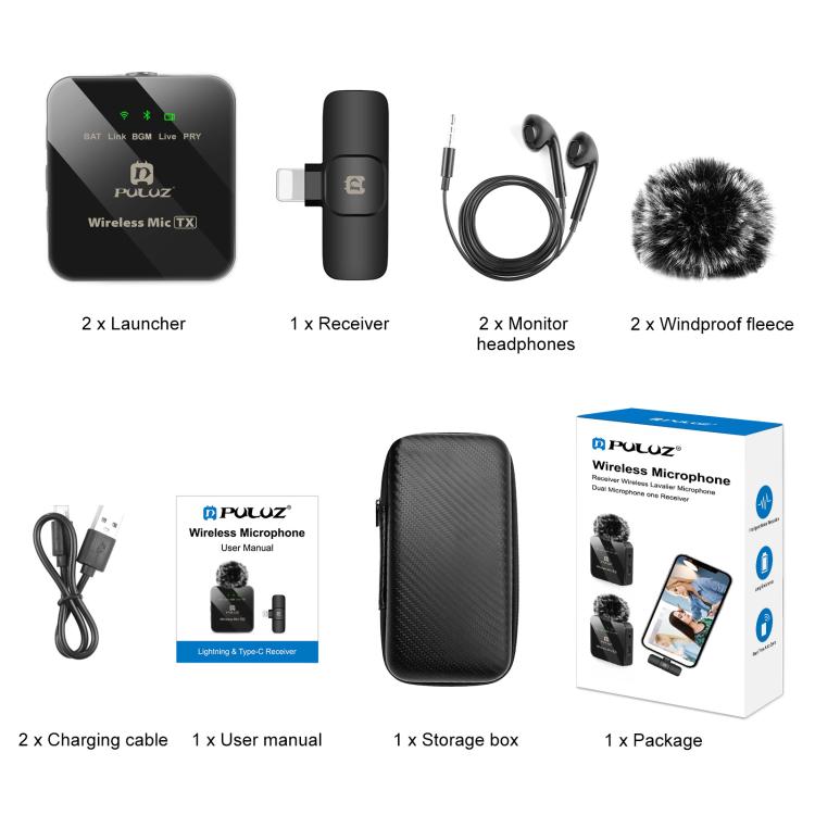 PULUZ Kabelloses Lavalier-Mikrofon für iPhone/iPad, 8-poliger Empfänger und zwei Mikrofone