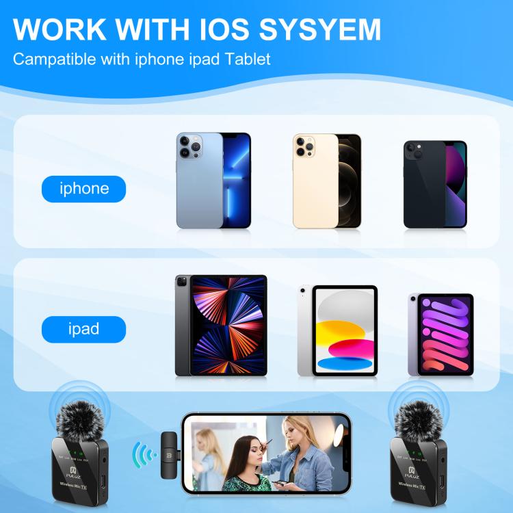 PULUZ Kabelloses Lavalier-Mikrofon für iPhone/iPad, 8-poliger Empfänger und zwei Mikrofone