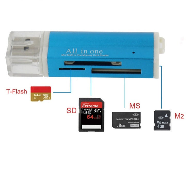 All in 1 USB 2.0 Micro SD SDHC TF M2 MMC MS PRO DUO Speicherkartenleser (blau)