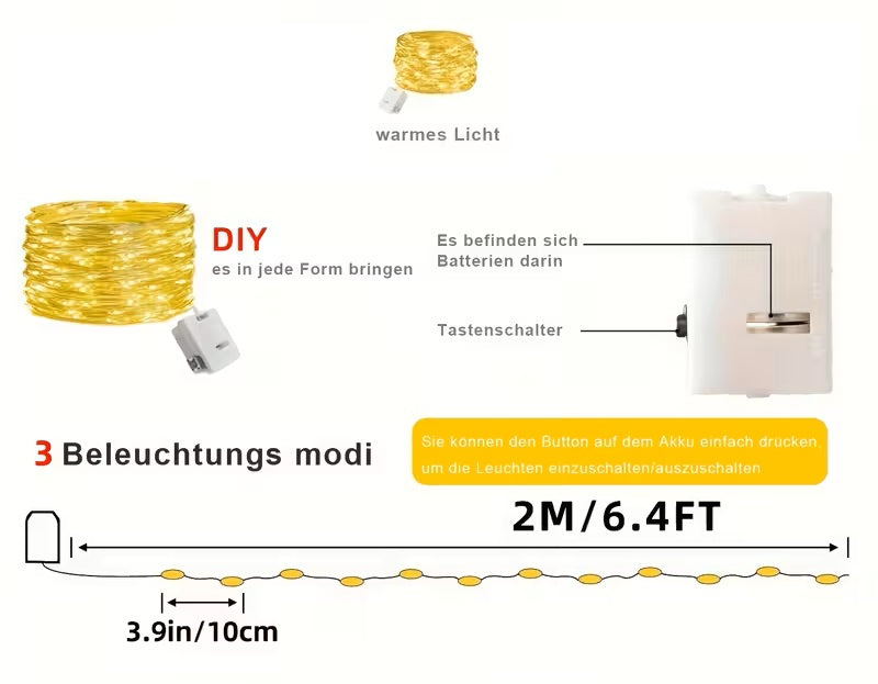 Batteriebetriebene Led Lichterkette - 2 Meter 20 LEDs auf Silberdraht Warmweiss