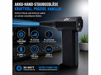 AGT AGT Druckluft Staubgebläse: Akku-Hand-Staubgebläse mit 4 Stufen, 4 Aufsätzen, bis 130.000 U/Min. elektroniktrade Switzerland