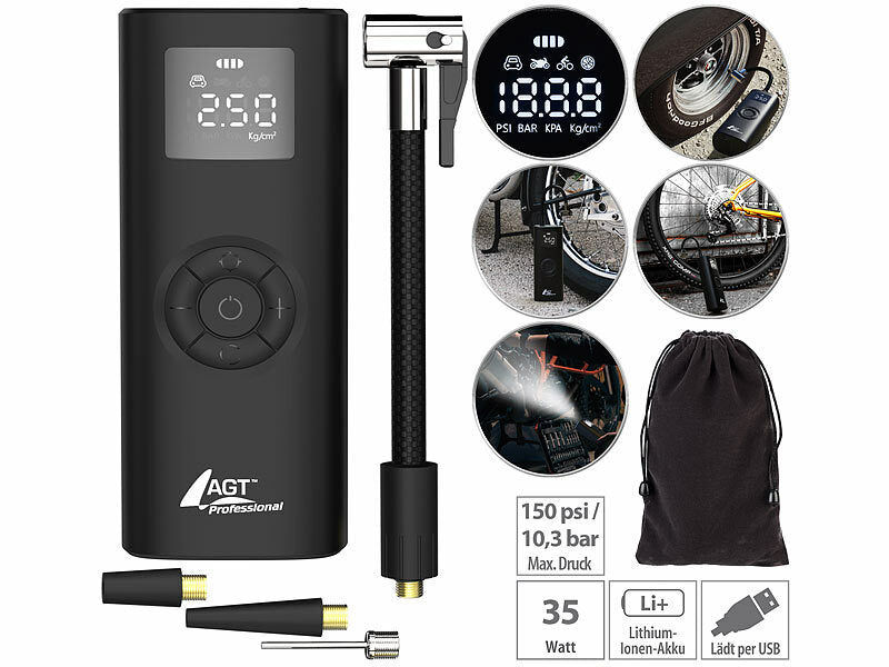AGT Ultrakompakte Akku-Kompressor-Luftpumpe, 150 psi, 4.000 mAh, 35 W Elektroniktrade Switzerland