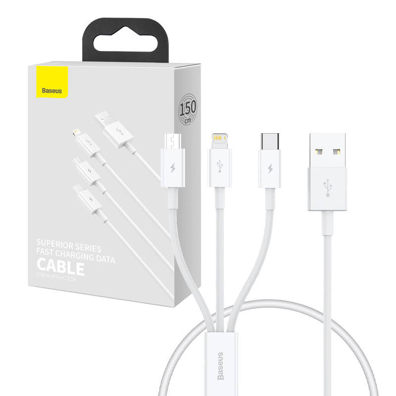 BASEUS Schnellladekabel USB auf M+L+C Baseus Superior Data 3,5 A 0,5 m (weiß) Elektroniktrade Switzerland