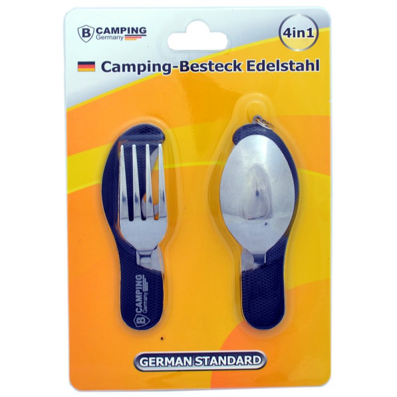 Campingbesteck / Feldbesteck 4in1 klappbar im Blister - Schwarz