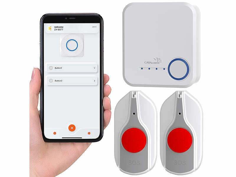 CASAcontrol Smartes SOS-Notrufknopf-Set für Senioren, 2x Sender, 1x Empfänger, App Elektroniktrade Switzerland