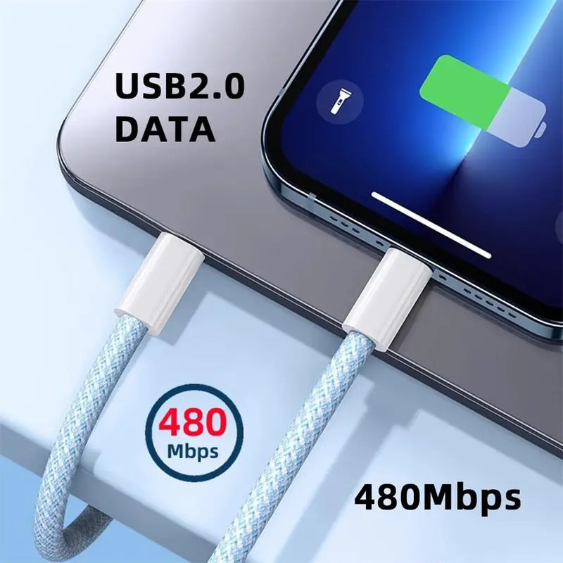 2m 60W Schnellladekabel USB-C zu USB-C für iPhone/Android/ Blau oder Grün