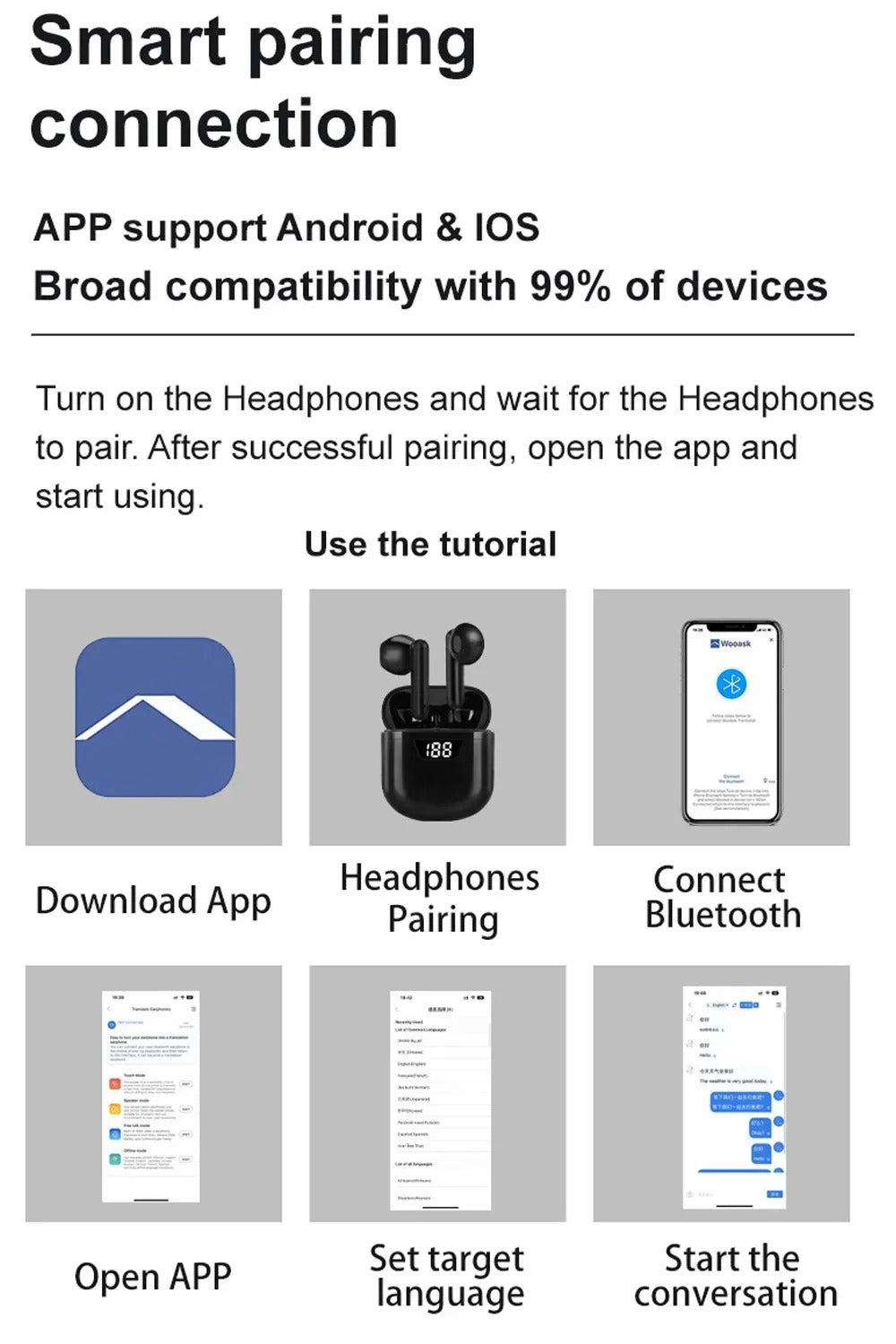 Bluetooth Kopfhörer Übersetzer mit 144 Sprachen & App in Weiss