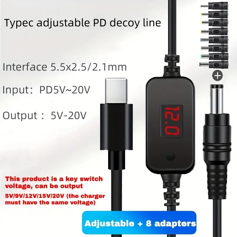 USB-C zu DC 5521 PD Kabel mit 34 Adaptern, 5-20V einstellbar für viele Geräte