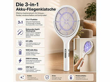 Exbuster Exbuster Fliegen-Klatsche: 3in1-Akku-Insektenvernichter/Fliegenklatsche, UV-LEDs, Teleskopstange elektroniktrade Switzerland