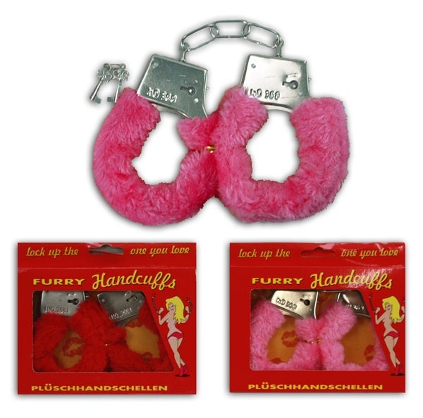 Plüschhandschellen rot oder rosa sortiert in Box ca 15,5x13cm