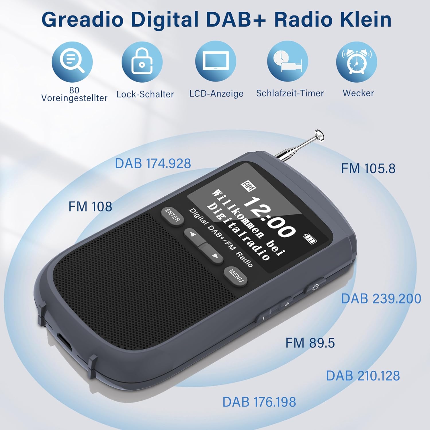 Greadio DAB+/FM Radio mit Kopfhörer,LCD-Display,Wecker,Uhr,Schlafzeit-Timer Elektroniktrade Switzerland