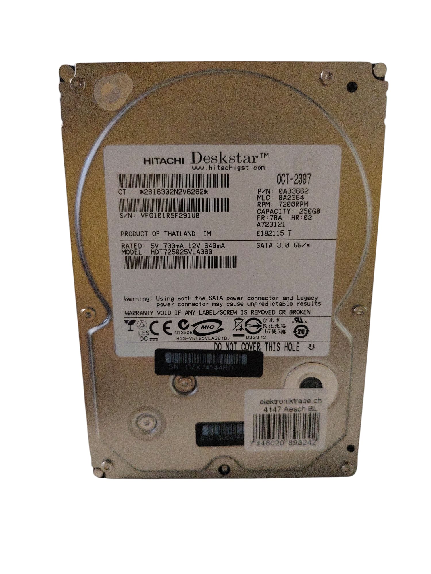 Hitachi Hitachi HDD Deskstar HDT725025 7200 250GB ( Gebraucht Artikel ) Elektroniktrade Switzerland