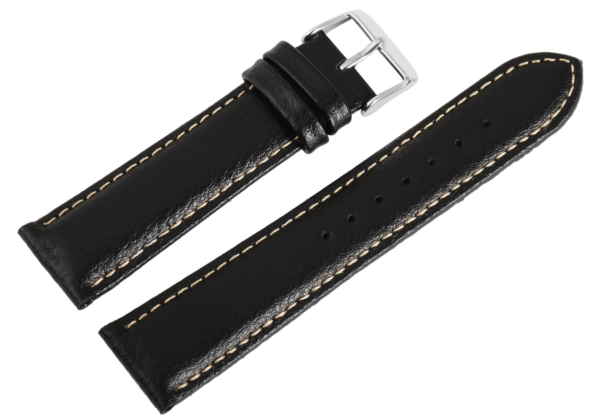 Echtleder Uhrenarmband, schwarz mit weißer Naht, 18 mm - 24 mm