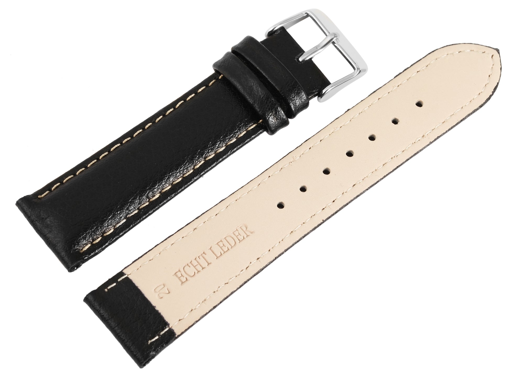 Echtleder Uhrenarmband, schwarz mit weißer Naht, 18 mm - 24 mm