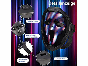 infactory LED-Gesichtsmaske mit Gestensteuerung, 80 Muster, LiPo-Akku, USB-C Elektroniktrade Switzerland