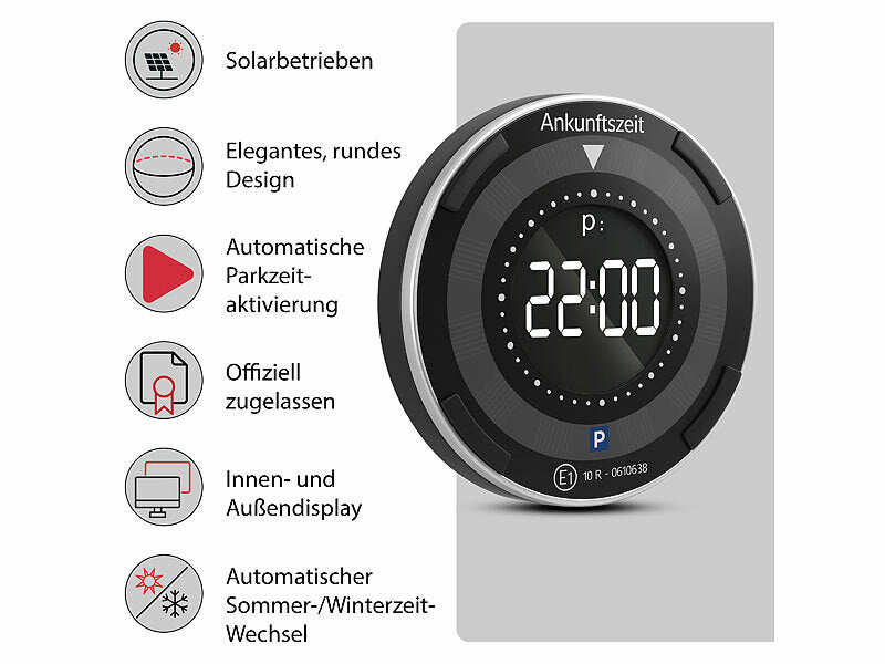 Digitale e-Parkscheibe, ECE-Zulassung, Erschütterungssensor, Solar