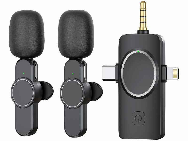 2er-Set Ansteck-Funk-Mikrofone, Akku, für USB-C, 8-PIN, 3,5-mm-Klinke