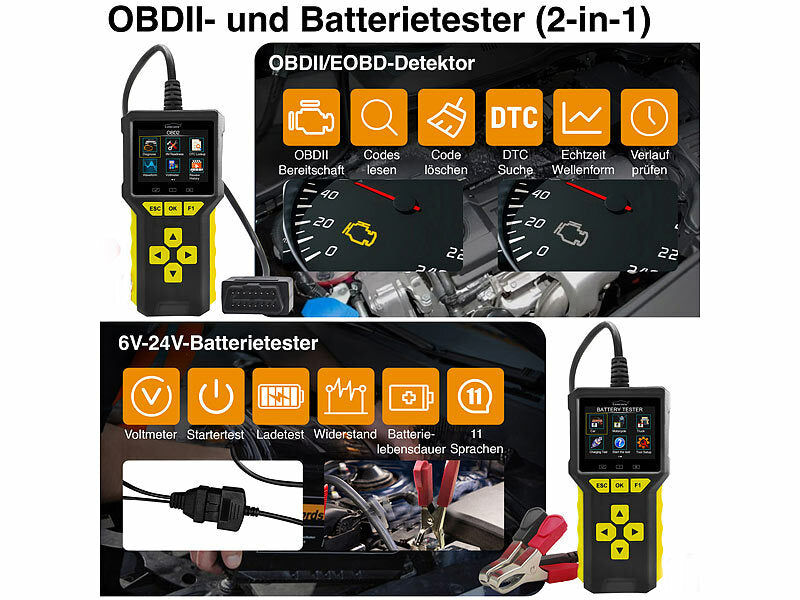 Lescars Professioneller 2in1-OBD2-Scanner und Batterie-Tester, HD-Farbdisplay Elektroniktrade Switzerland