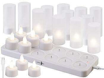 Lunartec 12er-Set Akku-LED-Teelichter mit Kunststoff-Dekogläsern & Ladestation Elektroniktrade Switzerland