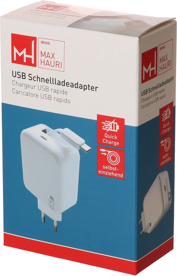 MAX HAURI DEVICE USB Schnellladeadapter GaN 1x USB-C Kabel 1x USB-C PD/QC 65W ws Elektroniktrade Switzerland