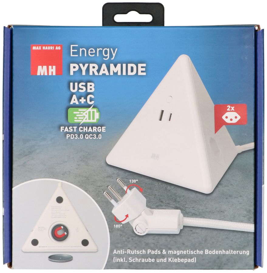 MAX HAURI SPLIT Energy Pyramide Steckdosenleiste 2x Typ 13 ws USB A+C 2.5m cli. Elektroniktrade Switzerland