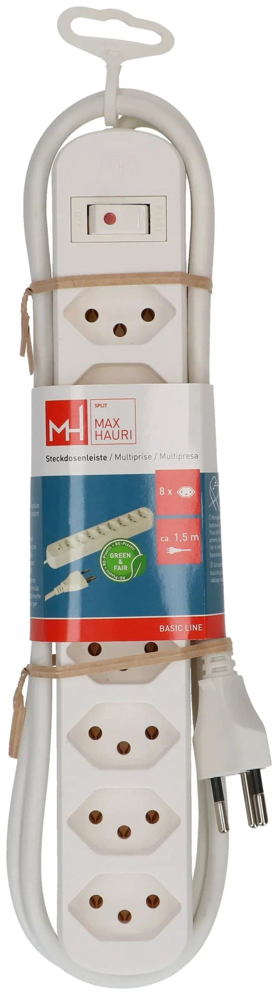 MAX HAURI SPLIT Steckdosenleiste Basic Line 8x Typ 13 ws Schalter 1.5m Green+Fair Elektroniktrade Switzerland
