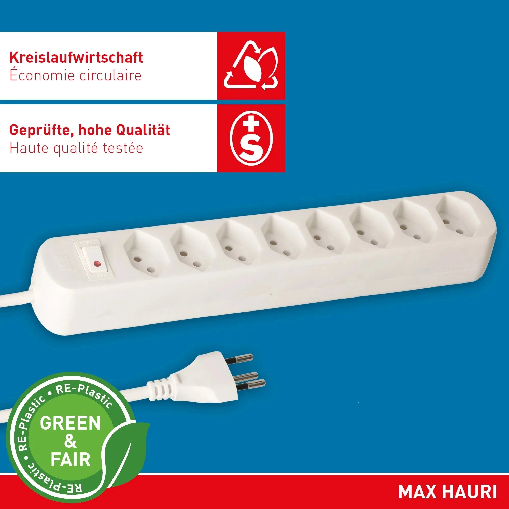 MAX HAURI SPLIT Steckdosenleiste Basic Line 8x Typ 13 ws Schalter 1.5m Green+Fair Elektroniktrade Switzerland