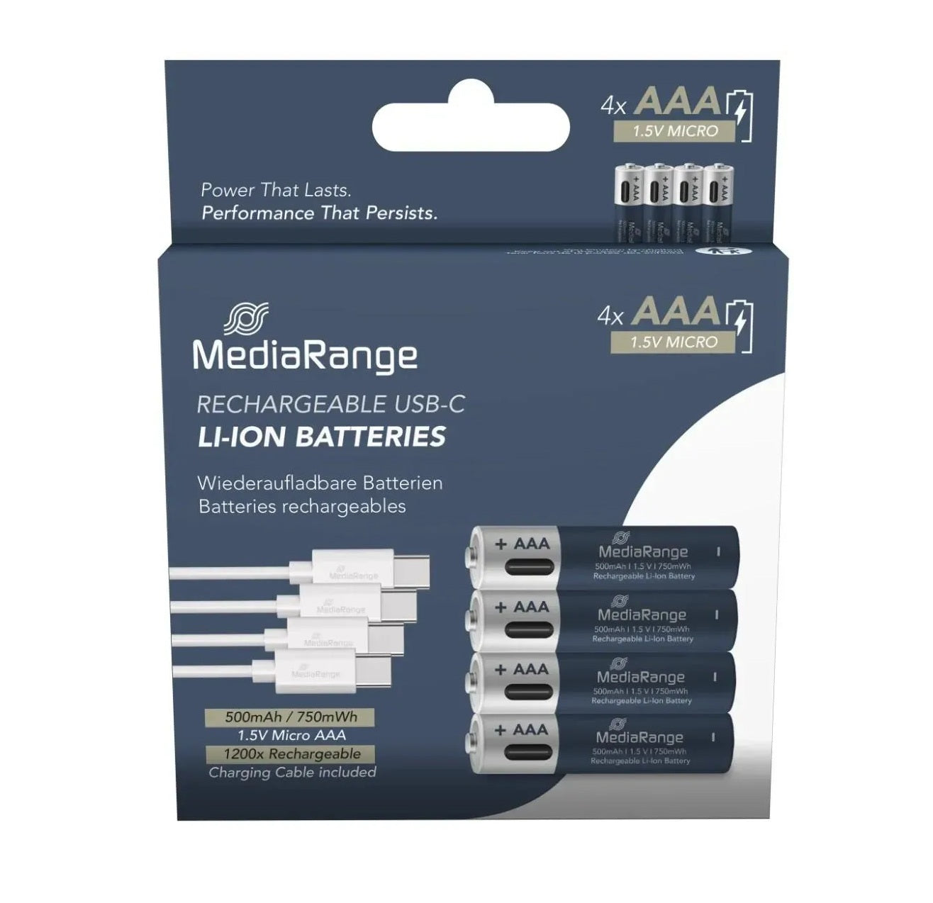 MediaRange MEDIARANGE USB-C AAA Akku Li-Ion 1,5V, 500mAh, 1200 Ladezyklen, Ladezeit 2h, 4er-Pack Elektroniktrade Switzerland
