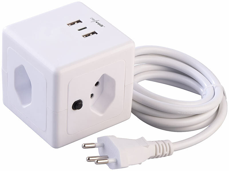 4-fach-Steckdosen-Würfel mit USB-C PD 20 W & 2x USB-A, QC, Halterung