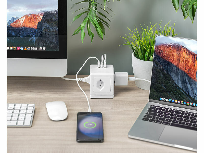 4-fach-Steckdosen-Würfel mit USB-C PD 20 W & 2x USB-A, QC, Halterung