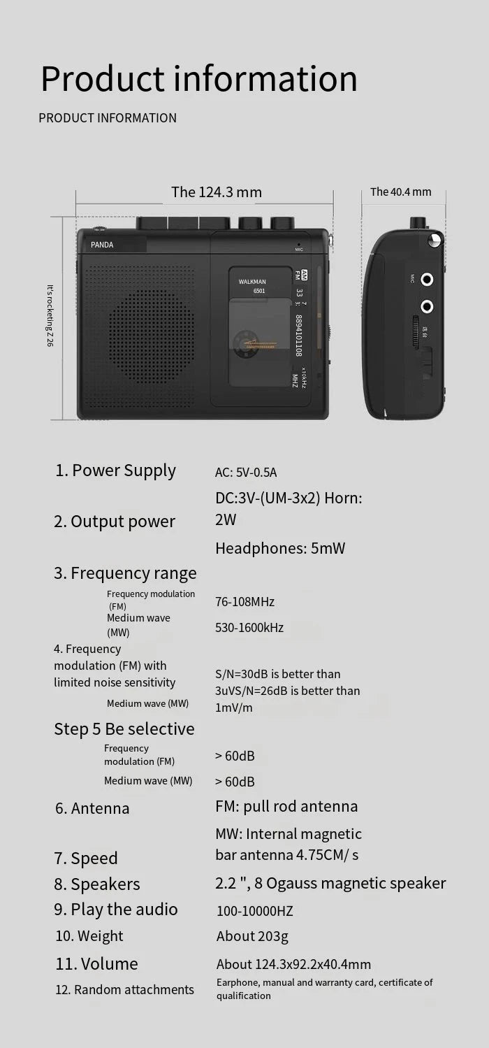 Panda Tragbarer Walkman Kasetten Player 6501 mit Radio/Lautsprecher/Recorder/Mic Anschluss elektroniktrade Switzerland