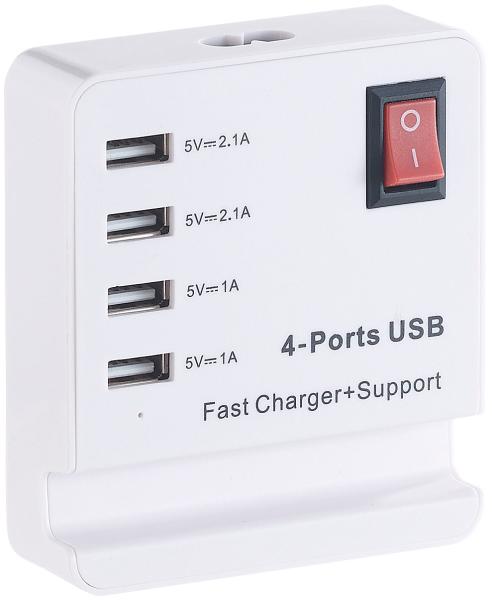 USB-Netzteil mit Smartphone-Ablage, 4 Ports: 2x 2,1 A, 2x 1A