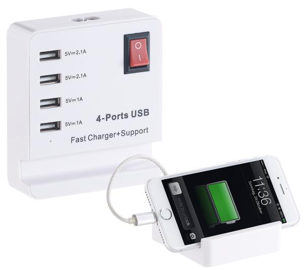 USB-Netzteil mit Smartphone-Ablage, 4 Ports: 2x 2,1 A, 2x 1A