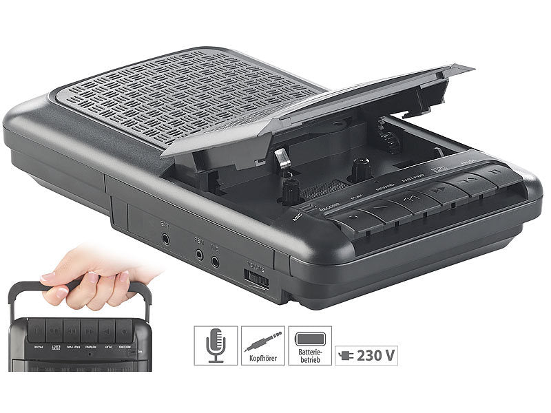 Mobiler Kassettenspieler, Lautsprecher, Kopfhörer-Anschluss, Mikrofon