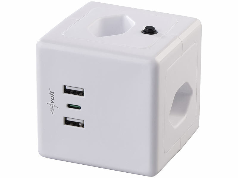 Revolt 4-fach-Steckdosen-Würfel mit USB-C PD 20 W & 2x USB-A, QC, Halterung Elektroniktrade Switzerland
