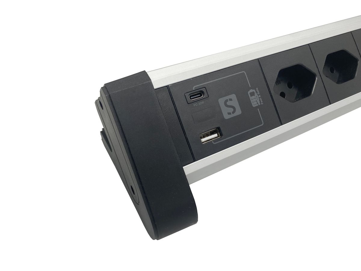 Schönenberger ALU DESKTOP USB-C 3xT13, 1x USB-C / 1x USB-A max. 3.4A / PD 20W, 3.0m Elektroniktrade Switzerland