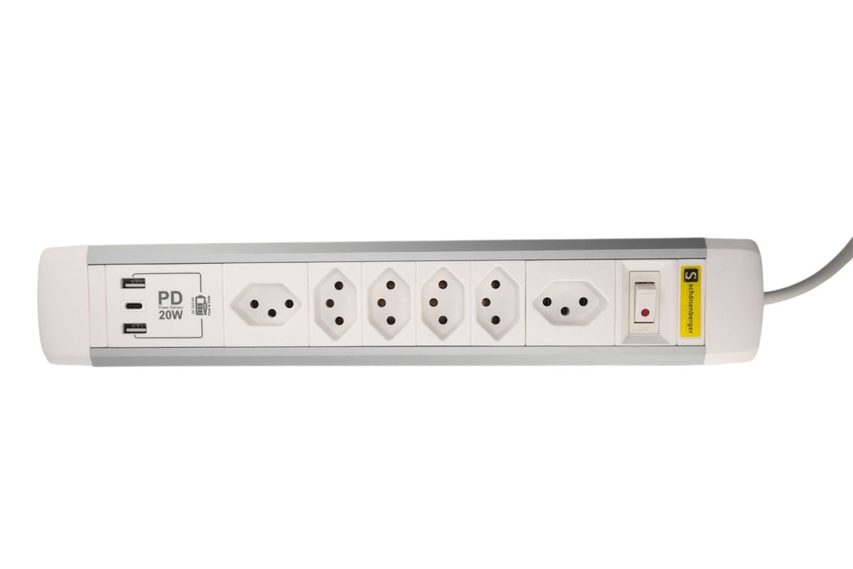 Schönenberger ALU Steckdosenleiste USB-C 6xT13, 1x USB-C + 2x USB-A max. 3.4A - PD 20W Elektroniktrade Switzerland