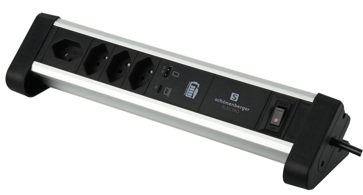 Schönenberger ALU Tisch-Steckdosenleiste NOTEBOOK 4xT13,1x USB-C 1x USB-A PD 60W elektroniktrade Switzerland