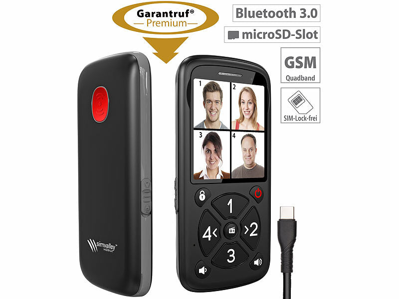simvalley 5-Tasten-Senioren- & Kinder-Handy mit Garantruf Premium, LED und Radio elektroniktrade Switzerland