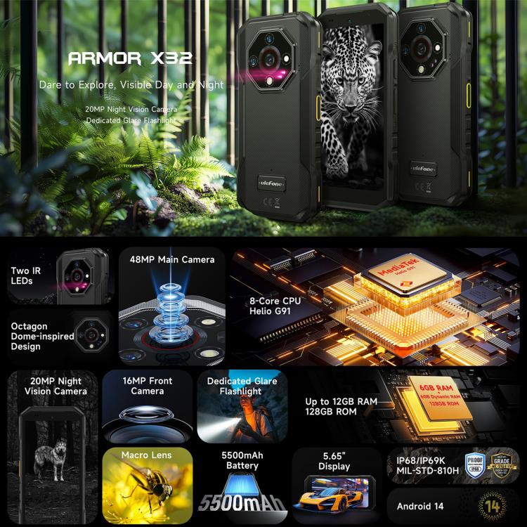 Ulefone Ulefone Armor X32, 8 GB + 128 GB, Nachtsicht, 5,65 Zoll, Android 14, Netzwerk: 4G, NFC, OTG elektroniktrade Switzerland