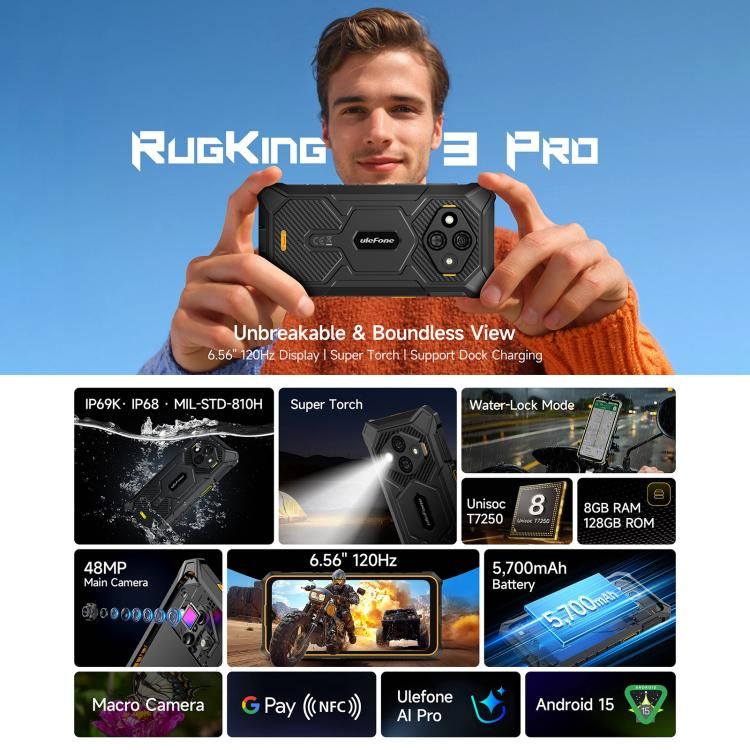 Ulefone Ulefone RugKing 3 Pro, 8 GB + 128 GB, robustes Smartphone (IP68/IP69K), 6,56 Zoll, Android 15, Unisoc T7250 Octa-Core-Prozessor, Netzwerk: 4G, NFC, OTG, RugKing 3 Pro, 8GB+128GB Elektroniktrade Switzerland