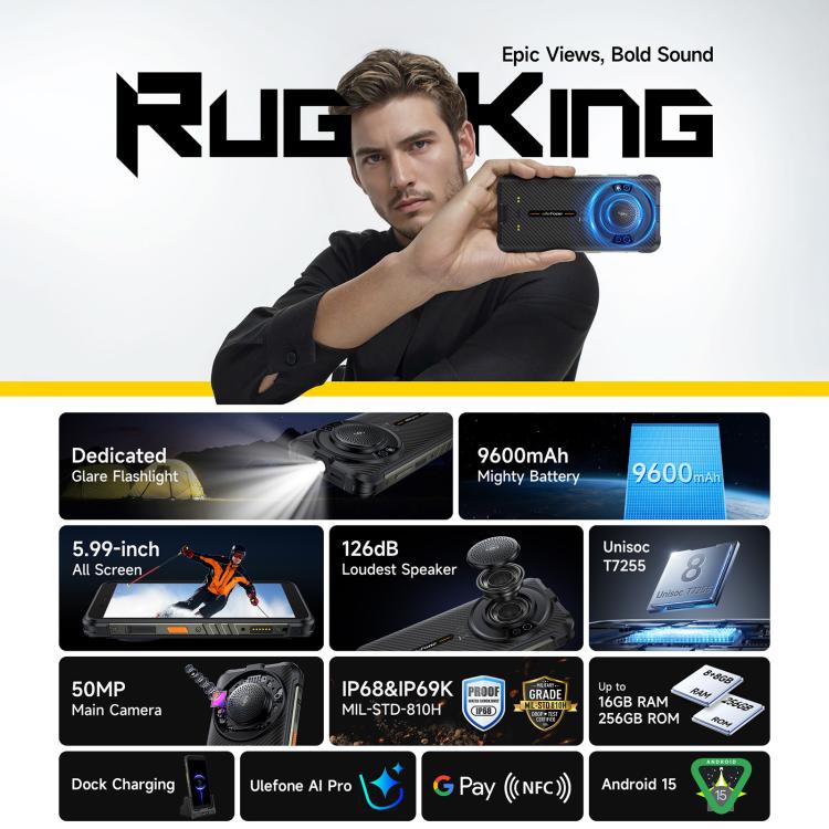 Ulefone Ulefone RugKing, 8 GB + 256 GB, robustes Smartphone (IP68/IP69K), 5,99 Zoll, Android 15, Unisoc T7255 Octa-Core-Prozessor, Netzwerk: 4G, NFC, OTG, RugKing, 8GB+256GB elektroniktrade Switzerland